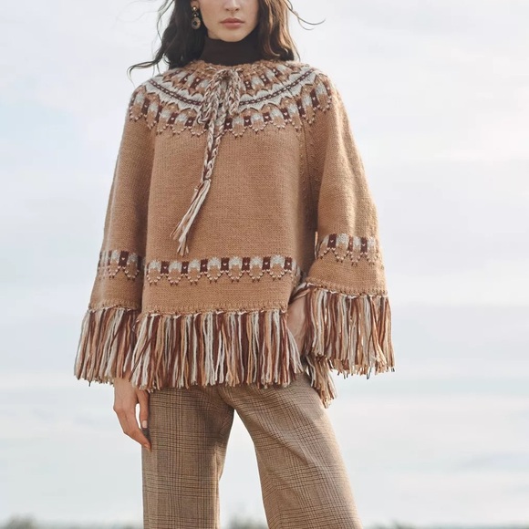 Zara Sweaters - Zara Limited Edition 100% Wool Jacquard Knit Poncho with Fringed Trim NWT